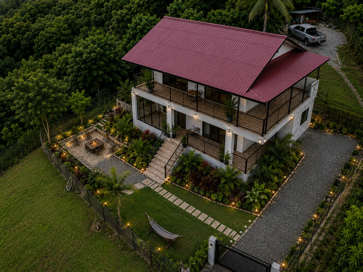 Vista aérea de Casa Jamie y sus jardines