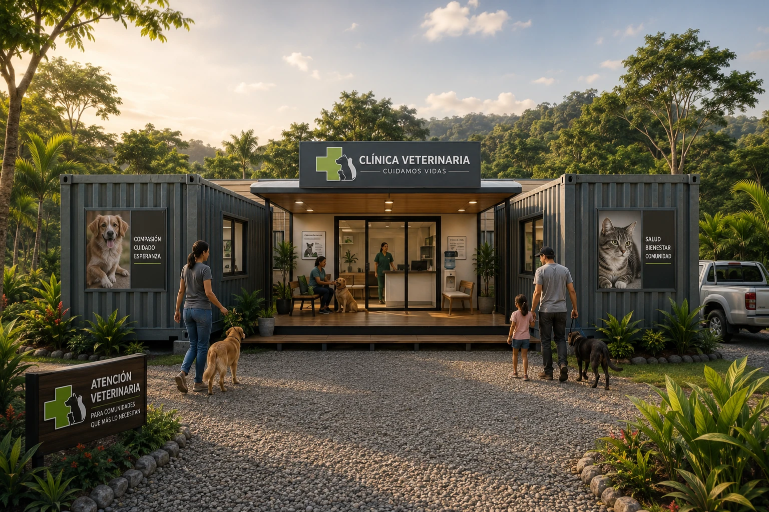 Visualización exterior de una clínica veterinaria modular