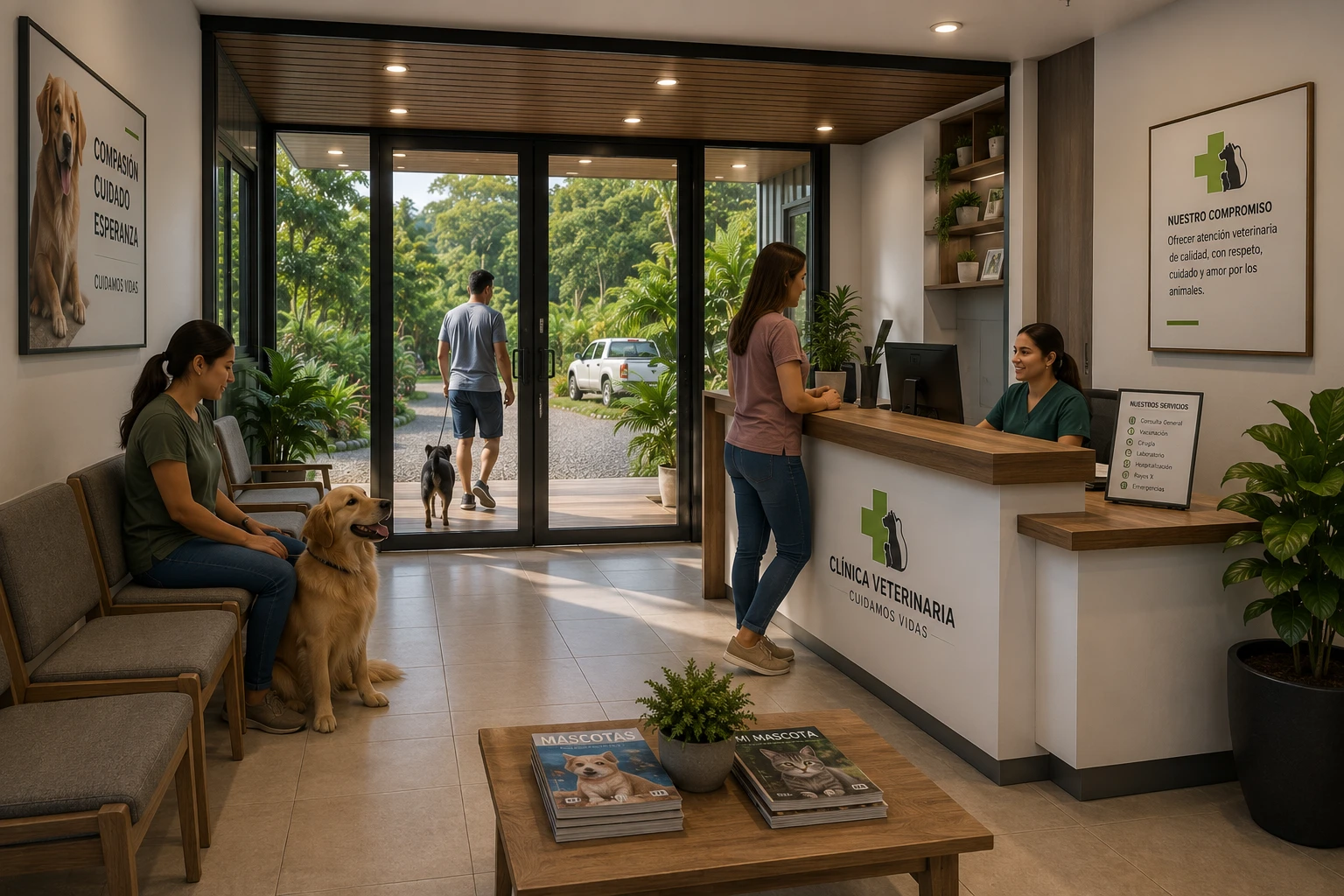Recepción y sala de espera de la clínica veterinaria