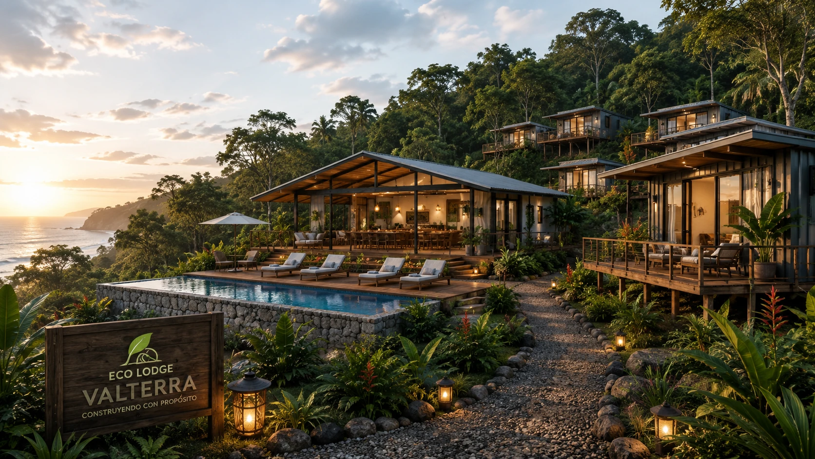 Concepto de eco lodge modular en un entorno tropical