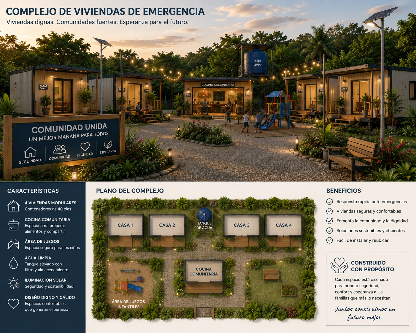 Concepto humanitario de viviendas modulares de emergencia