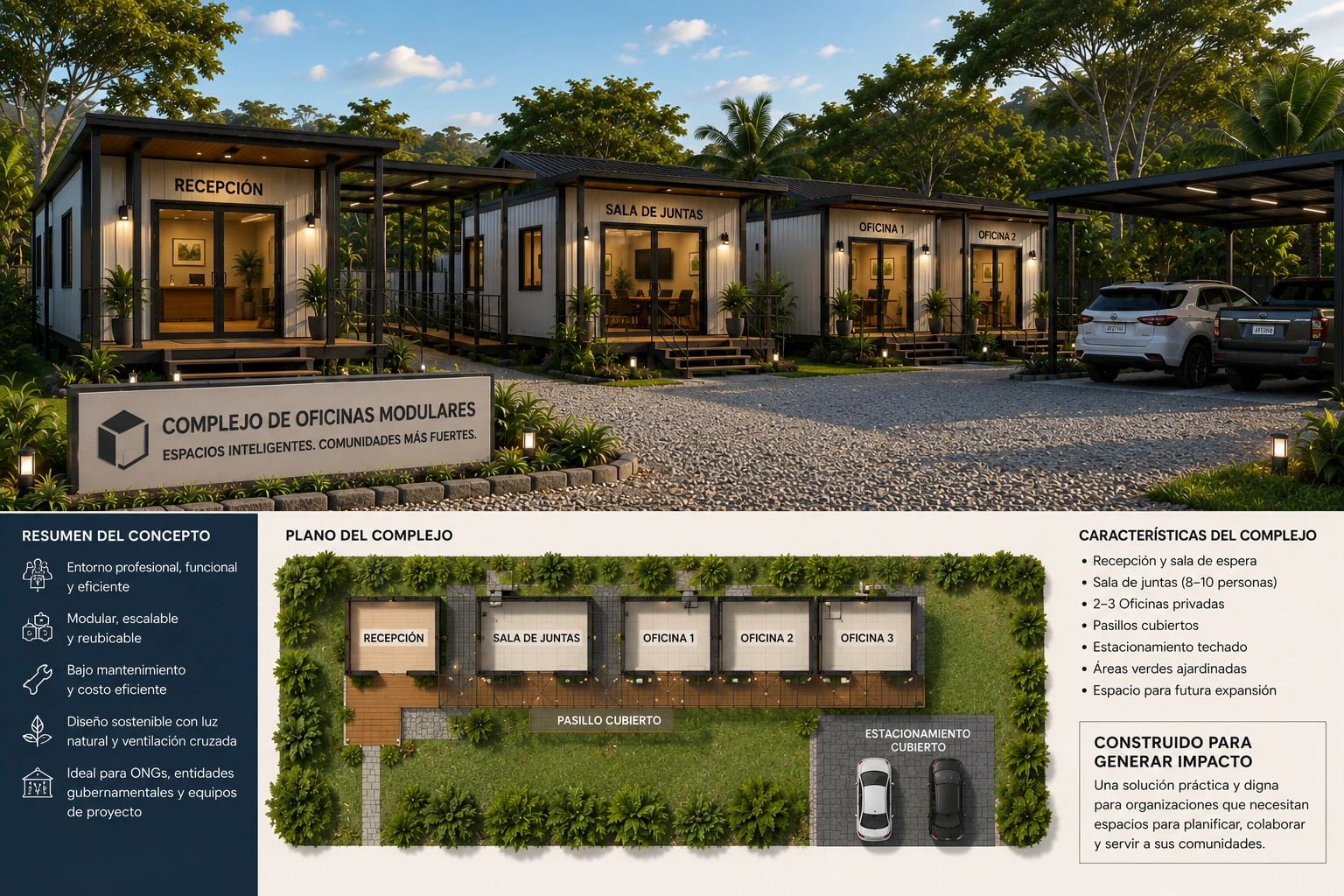 Concepto de un pequeño complejo de oficinas modulares